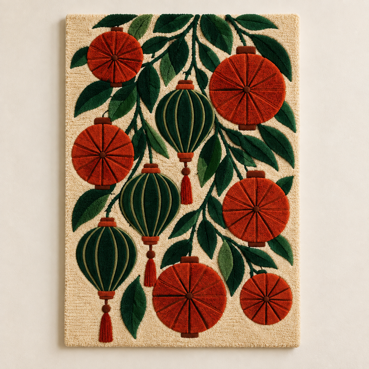 Hewn Earth wall art featuring lanterns nestled in lush evergreen boughs for a cozy, natural decor accent.