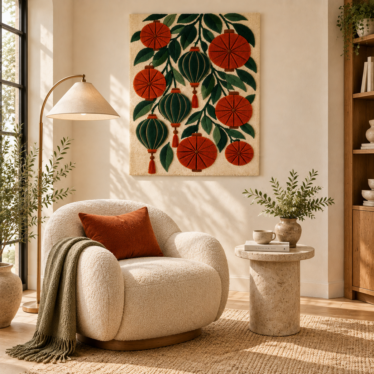 Hewn Earth wall art featuring lanterns among evergreen boughs, showcasing cozy holiday decor with warm lighting and greenery.