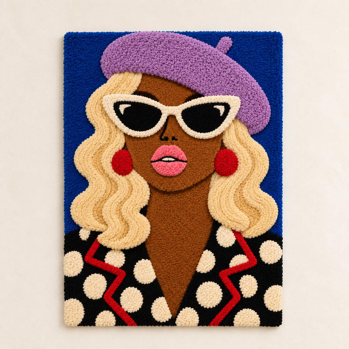 Hewn Earth wall art featuring a lavender beret and polka dots design on a light background, vibrant and artistic home decor piece.
