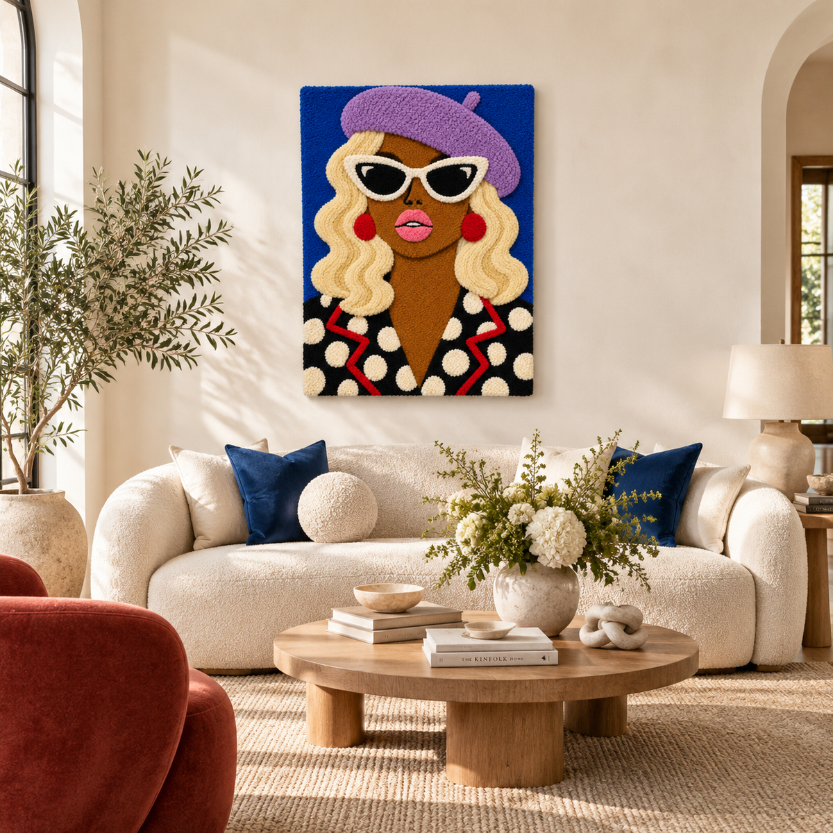 Hewn Earth wall art featuring a lavender beret and polka dots design, perfect for adding a stylish touch to a room decor.