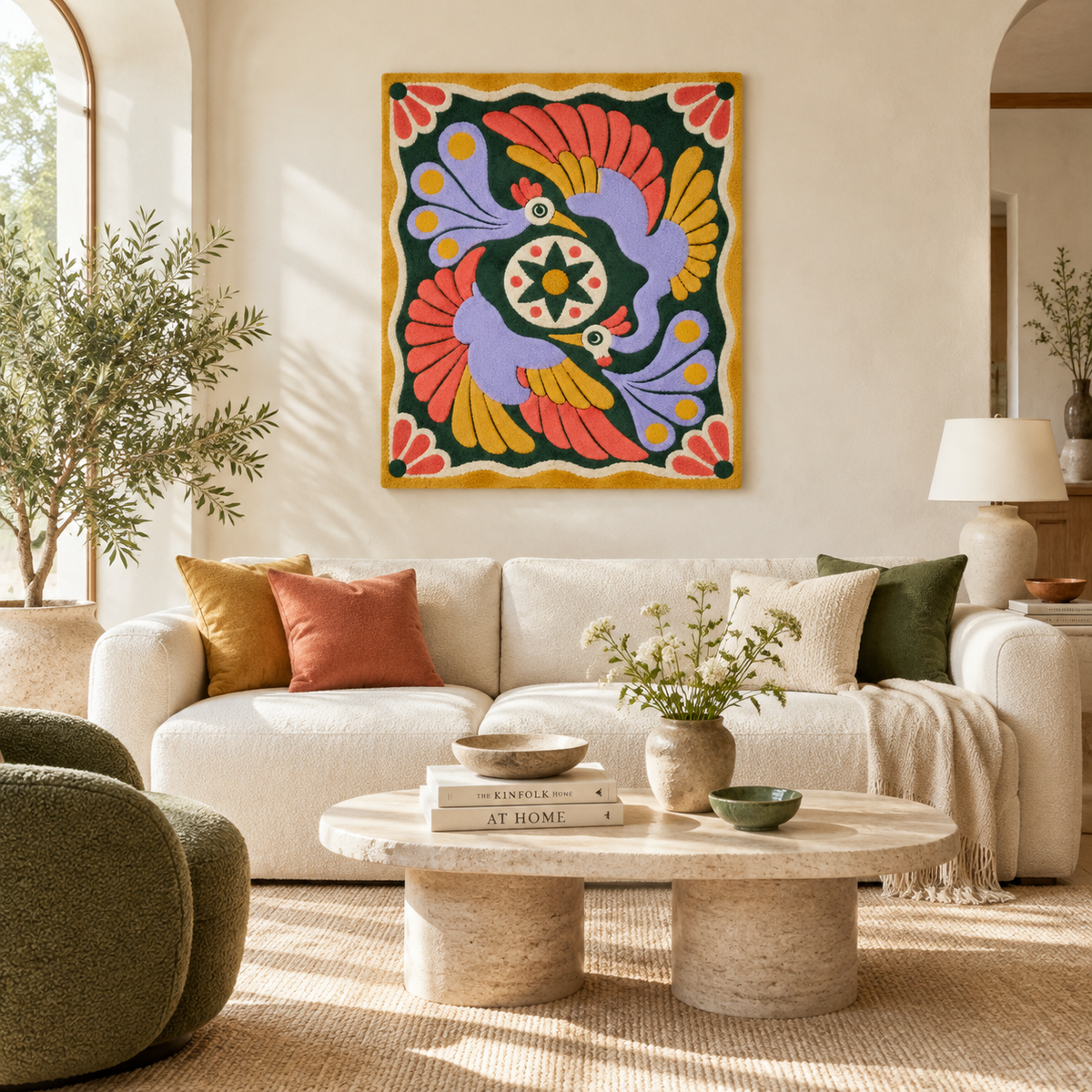 Hewn Earth wall art featuring lavender birds around a sun design, decorative wall decor for a peaceful, nature-inspired space.