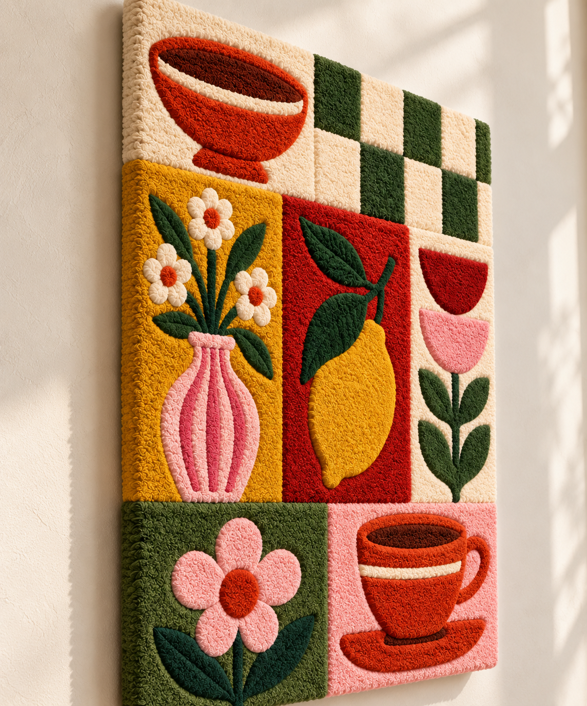 Hewn Earth lemon and teacup wall art tiles with yellow lemons and teacup design, arranged on a wall for decorative display