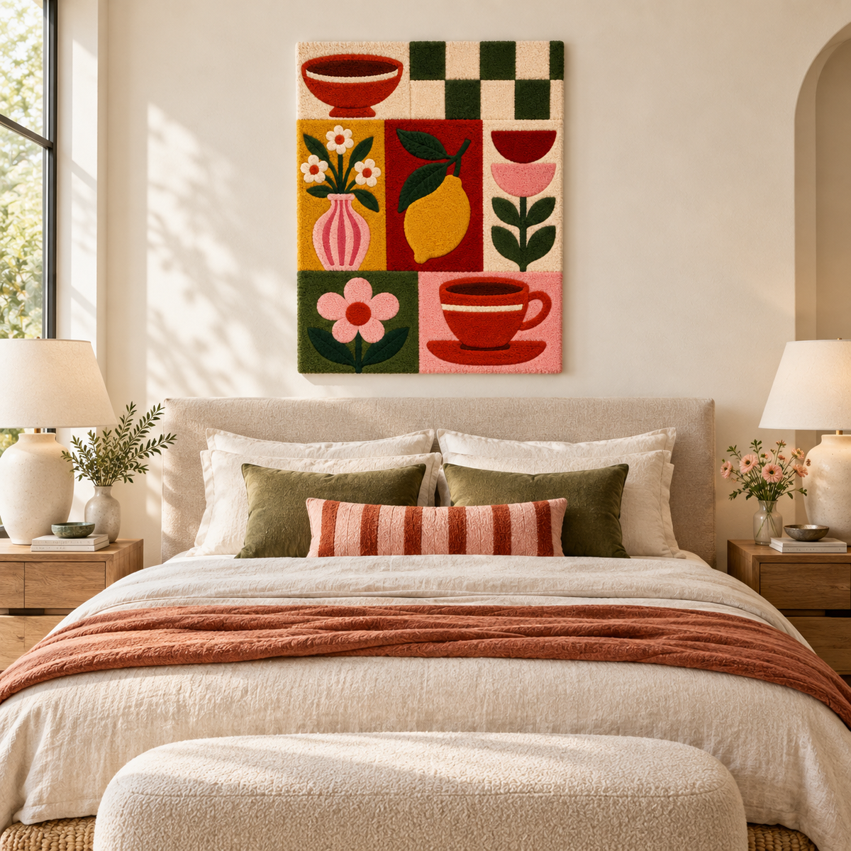 Hewn Earth lemon and teacup wall art tiles arranged on a wall, featuring bright yellow lemons and teacup designs.