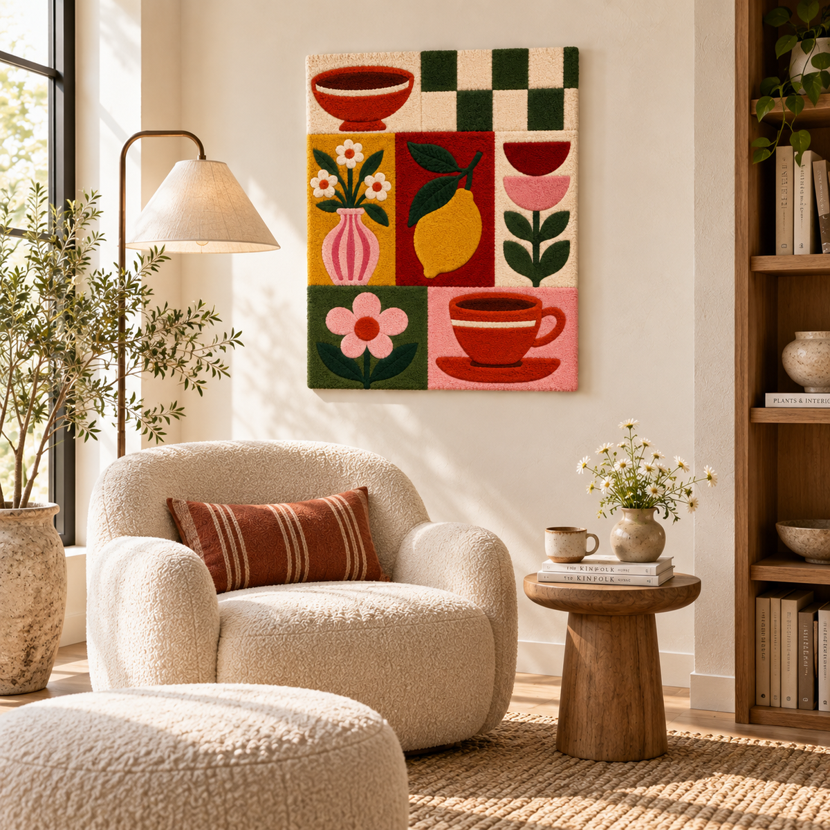 Decorative wall art featuring lemon and teacup tiles by Hewn Earth, showcasing vibrant yellow lemons and delicate teacup designs.