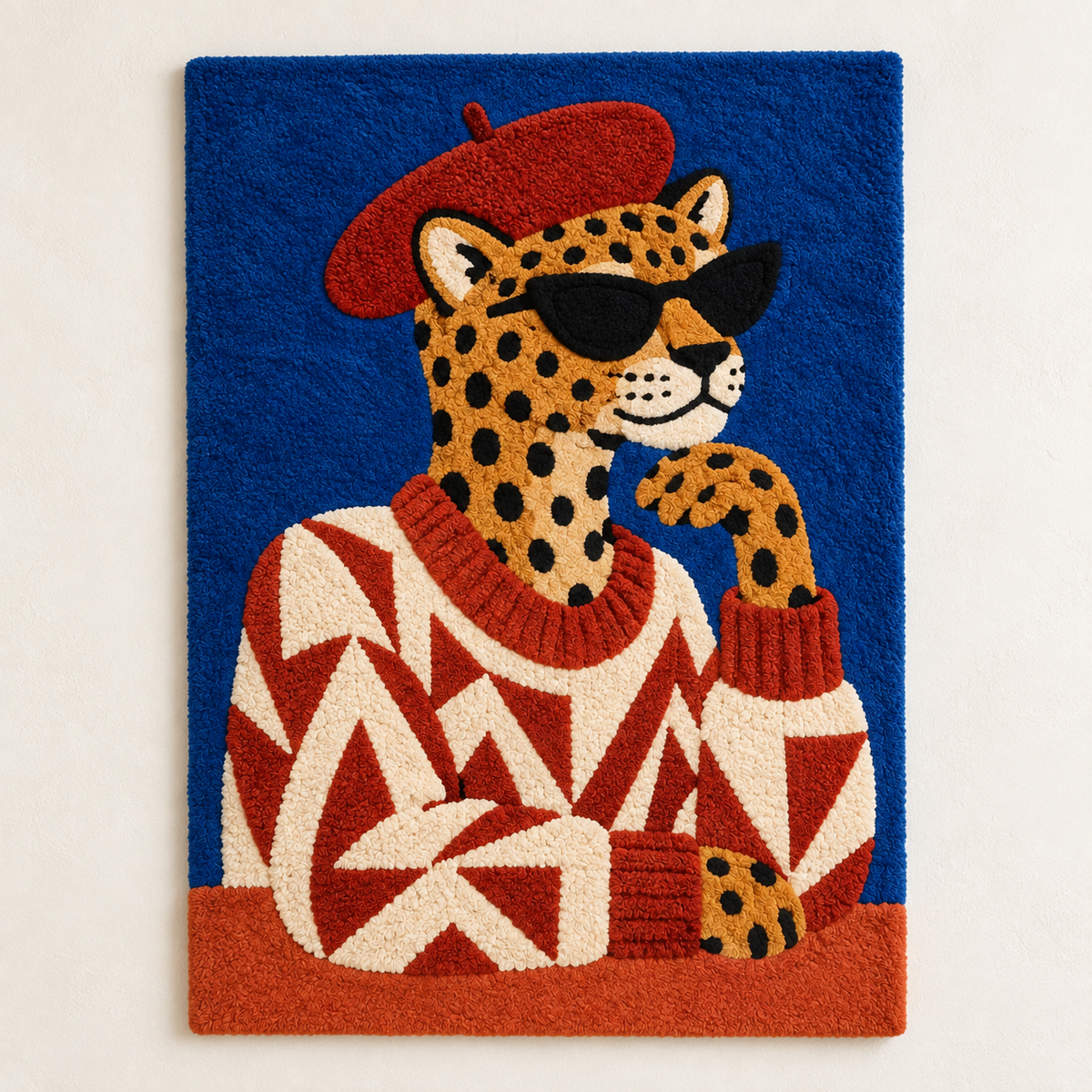 Leopard wall art by Hewn Earth featuring a leopard wearing a bright scarlet beret, displayed on a neutral background.