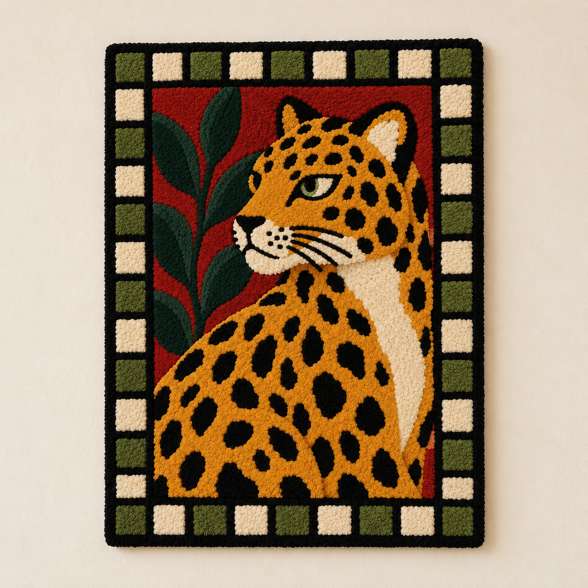 Hewn Earth wall art featuring a leopard in a checker garden with vibrant, detailed animal and floral design.