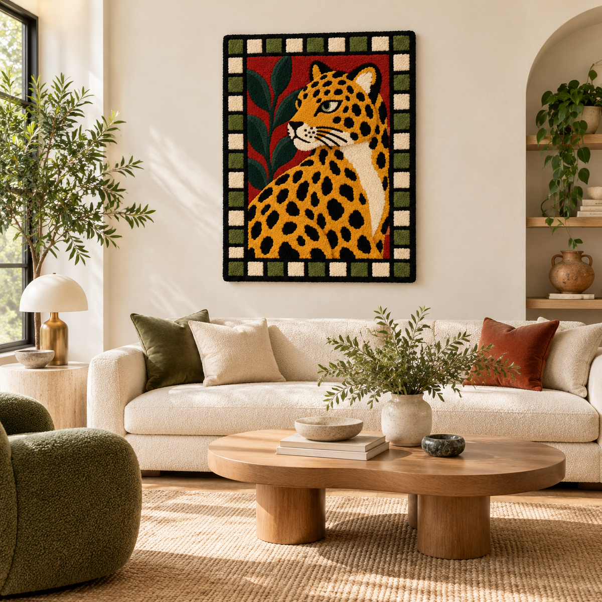 Hewn Earth wall art featuring a leopard in a checker garden, showcasing vibrant colors and detailed animal and floral design.