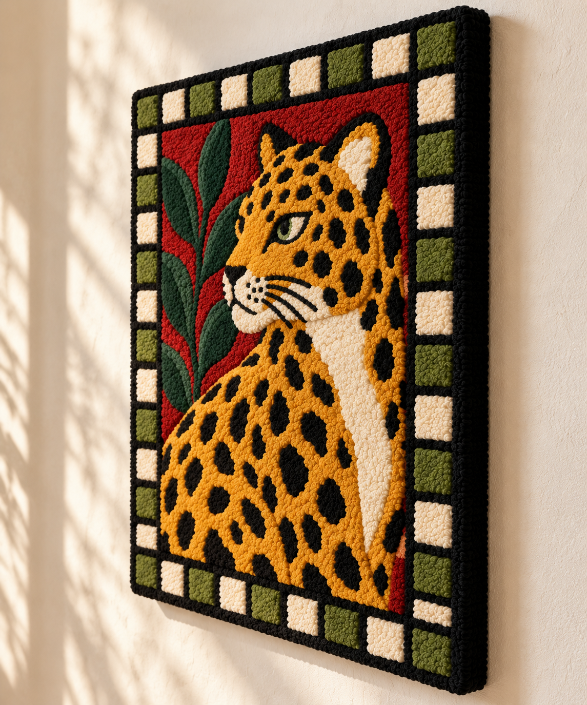 Hewn Earth wall art featuring a leopard in a checker garden with vibrant colors and intricate design details.