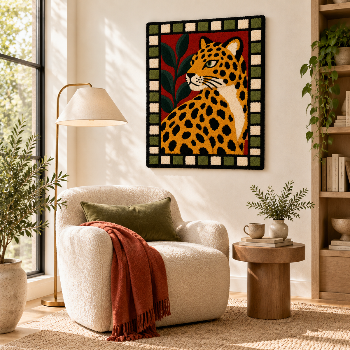 Hewn Earth wall art featuring a leopard in a checker garden, vibrant animal illustration for modern home decor.