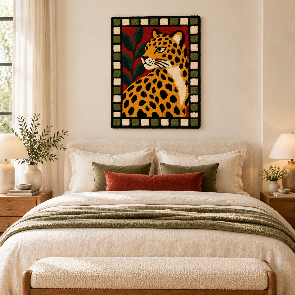 Hewn Earth Leopard in Checker Garden wall art scene featuring a detailed leopard illustration in a stylish checker garden setting.