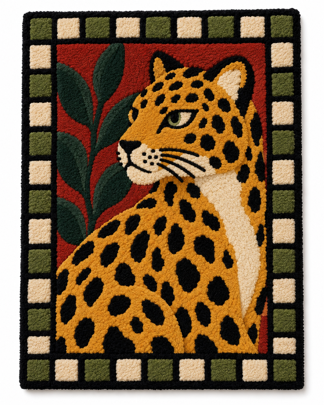 Hewn Earth wall art featuring a leopard in a colorful checker garden, vibrant and detailed nature-inspired wall decor.