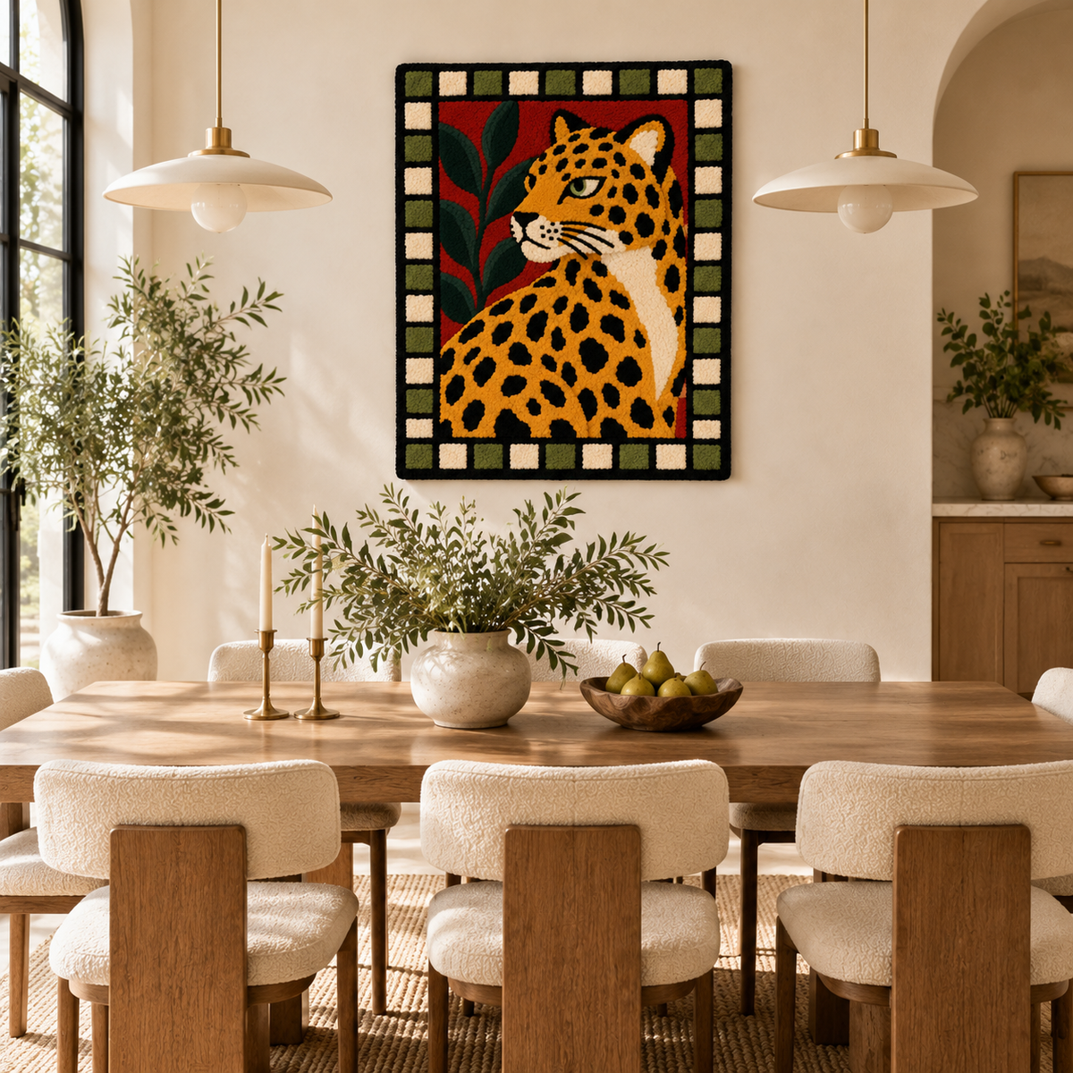 Hewn Earth leopard wall art featuring a leopard in a checker garden, displayed in a room scene with vibrant colors and detailed design.