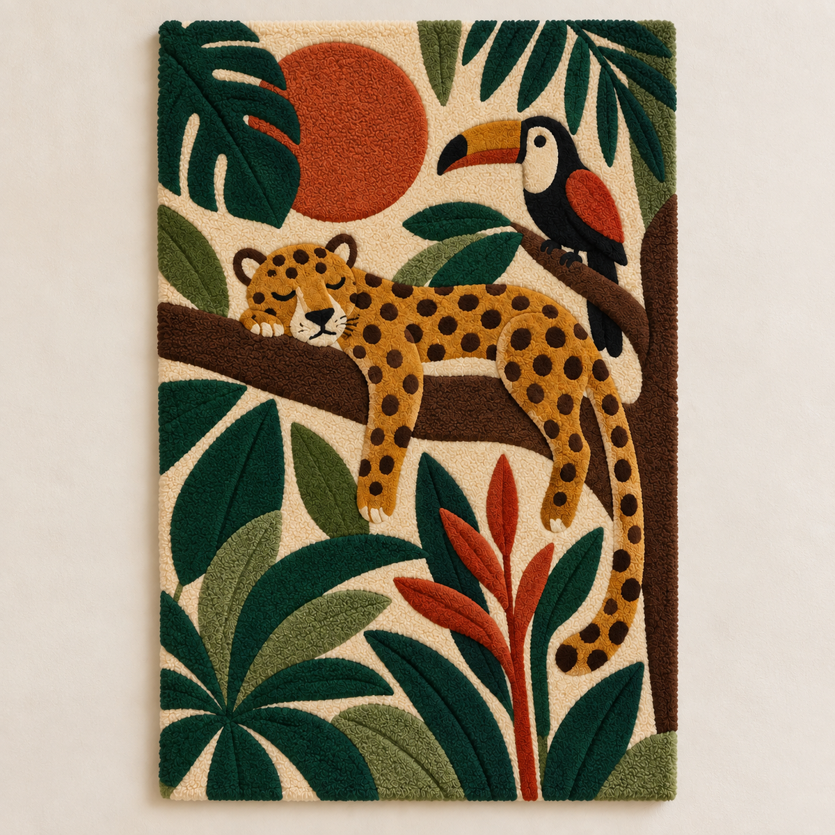 Leopard Jungle Siesta Hewn Earth wall art featuring a leopard resting amid lush jungle foliage in vibrant colors.