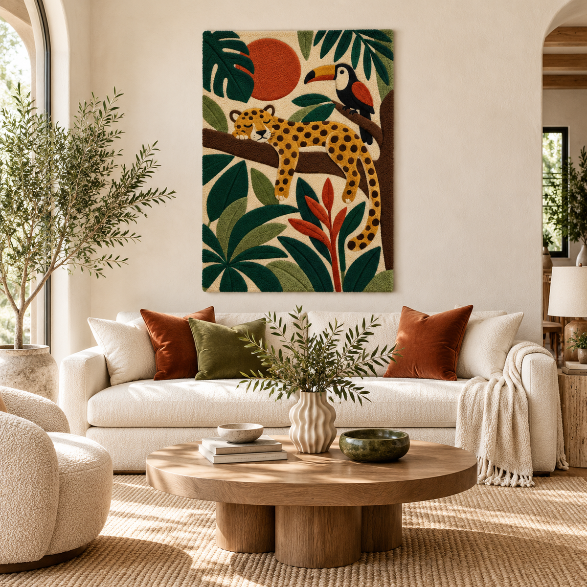 Hewn Earth Leopard Jungle Siesta wall art featuring a leopard resting in lush jungle leaves, vibrant and detailed for home decor.