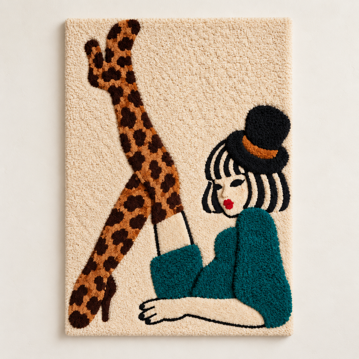 Hewn Earth leopard stockings wall art featuring a playful leopard design with stockings in the air on a light background.