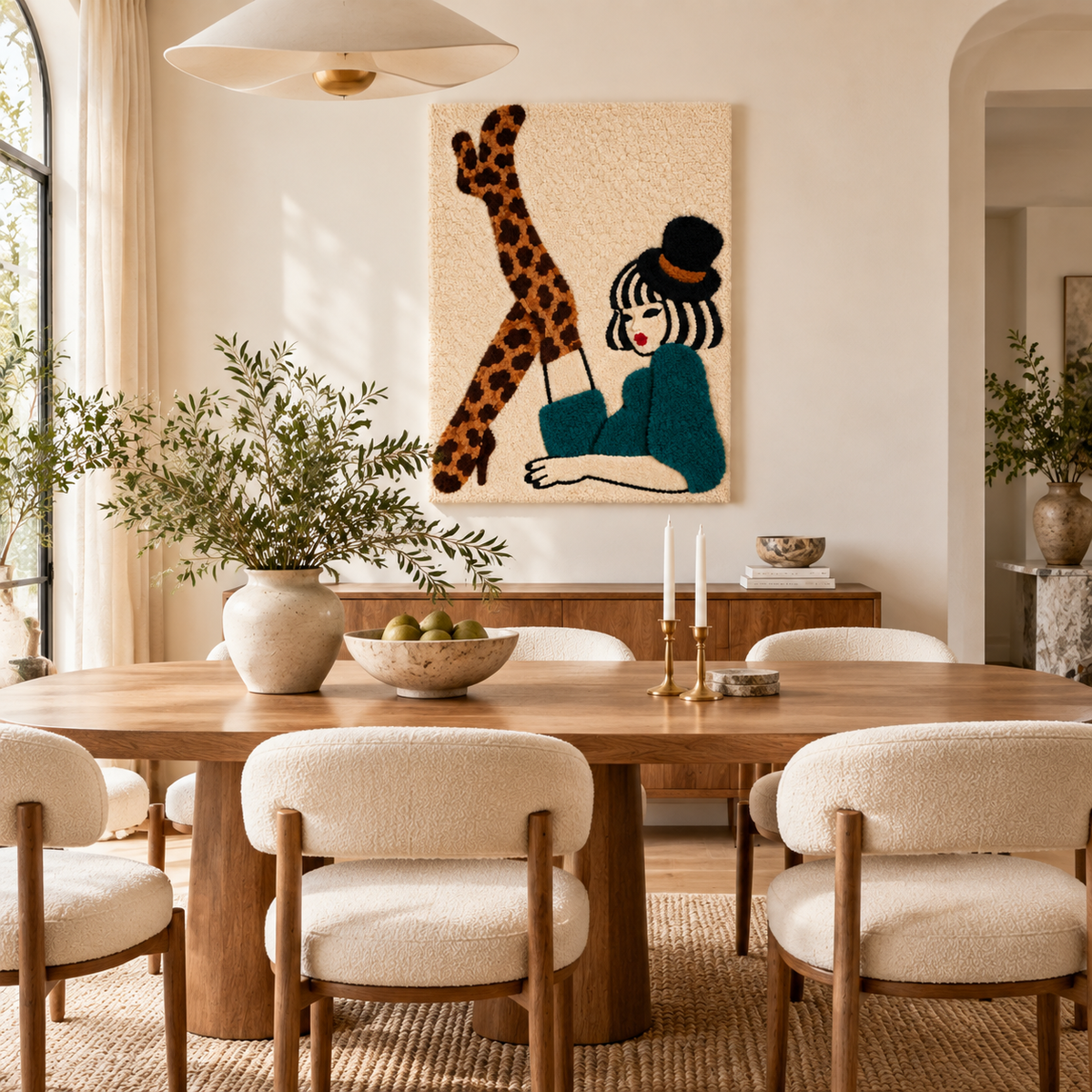 Hewn Earth leopard stockings wall art hanging on a wall in a room scene, showcasing stylish leopard print stockings.