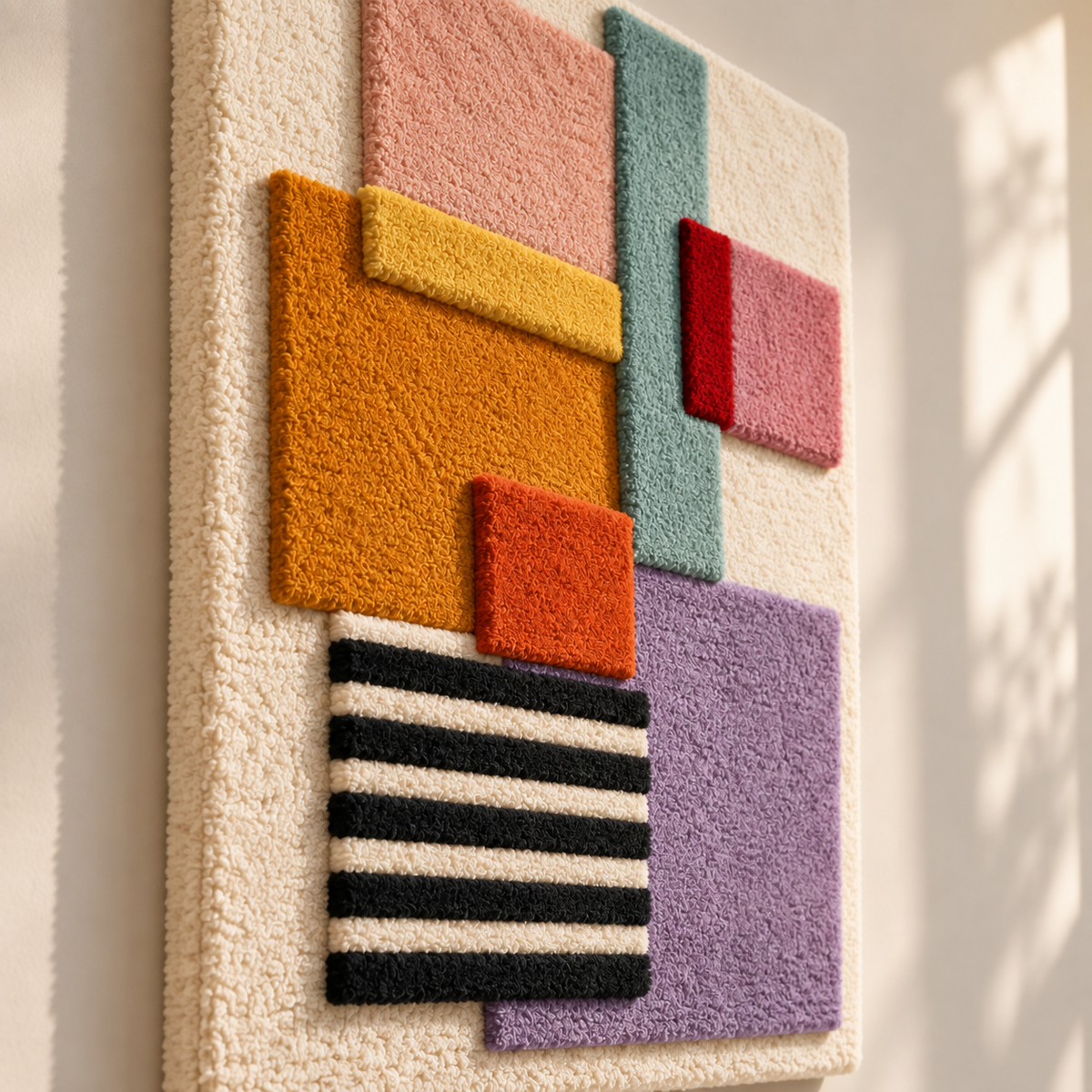 Hewn Earth wall art featuring lilac blocks with a striped coda design, displayed from an angled view.
