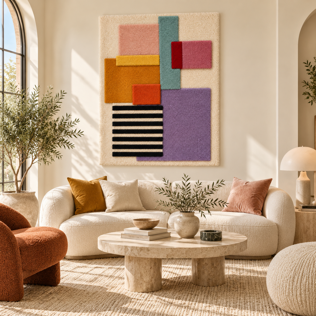 Hewn Earth wall art featuring lilac blocks with a striped coda design, displayed on a room wall for modern home decor.