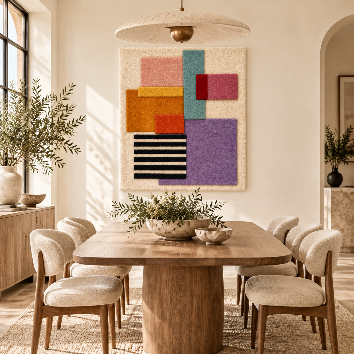 Hewn Earth wall art featuring lilac blocks with a striped coda design, displayed on a modern room wall.