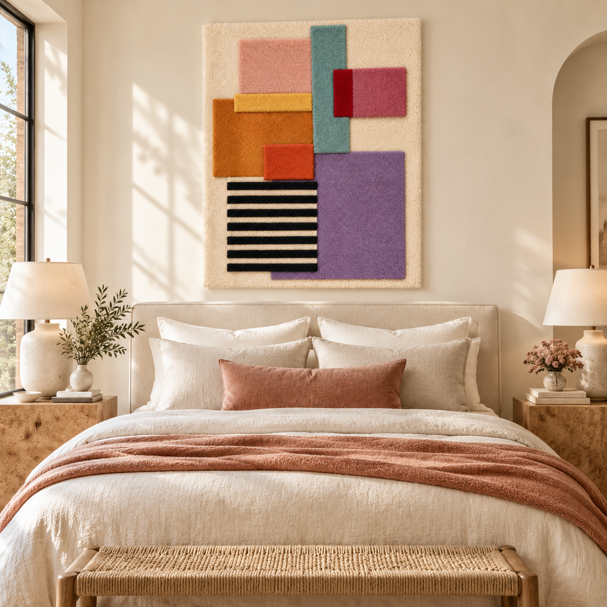 Hewn Earth wall art featuring lilac blocks with a striped coda design, displayed on a room wall for modern interior decor.