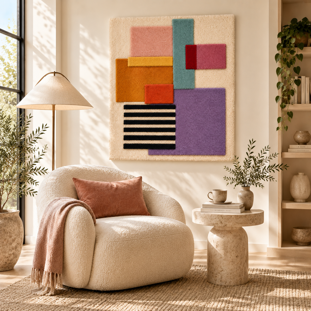 Hewn Earth wall art featuring lilac blocks with a striped coda, modern geometric design for contemporary home decor.
