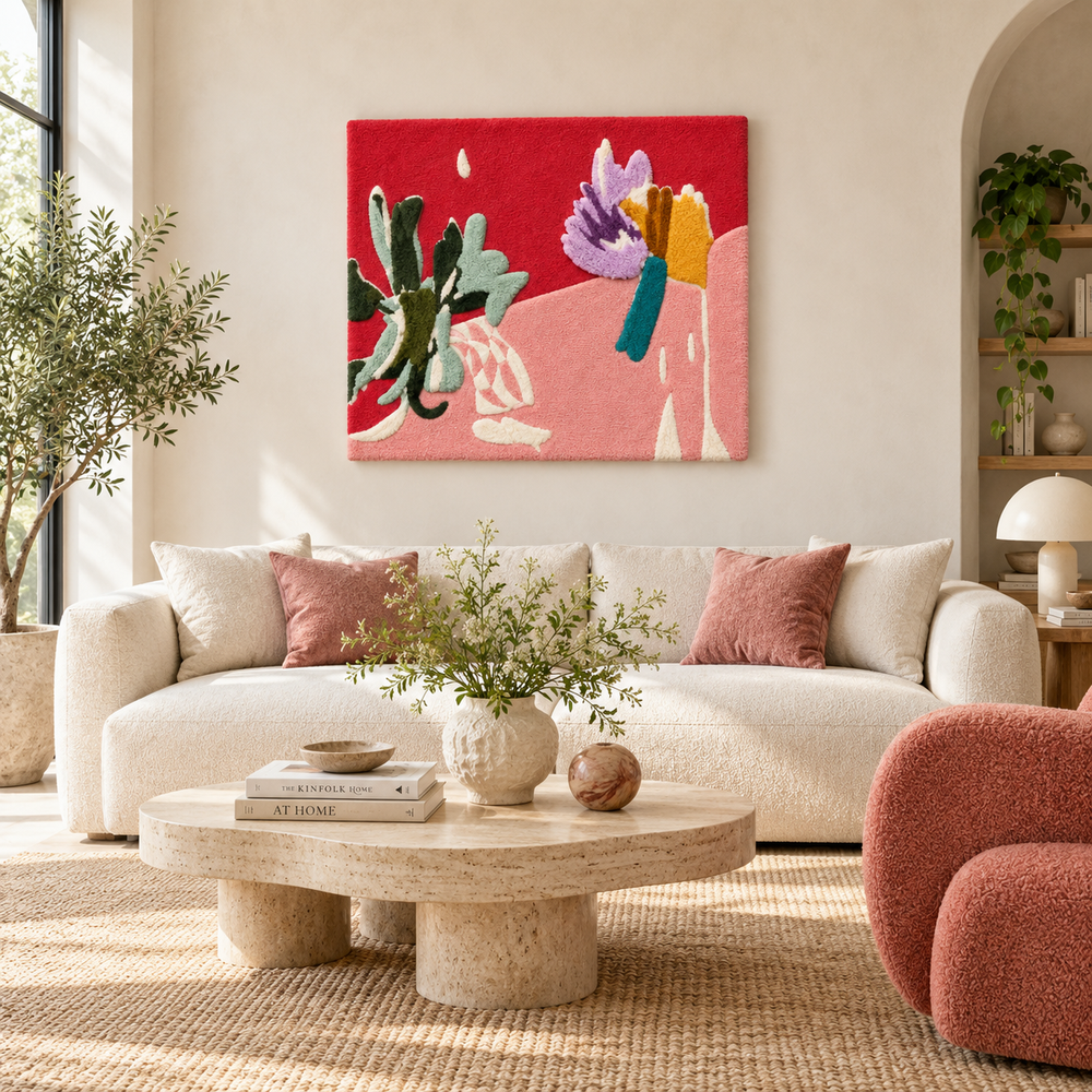 Lilac Blooms on Coral — front-facing room scene
