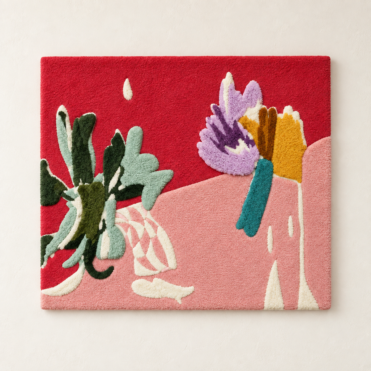 Hewn Earth wall art featuring delicate lilac blooms on a coral-colored background, perfect for wall decor.