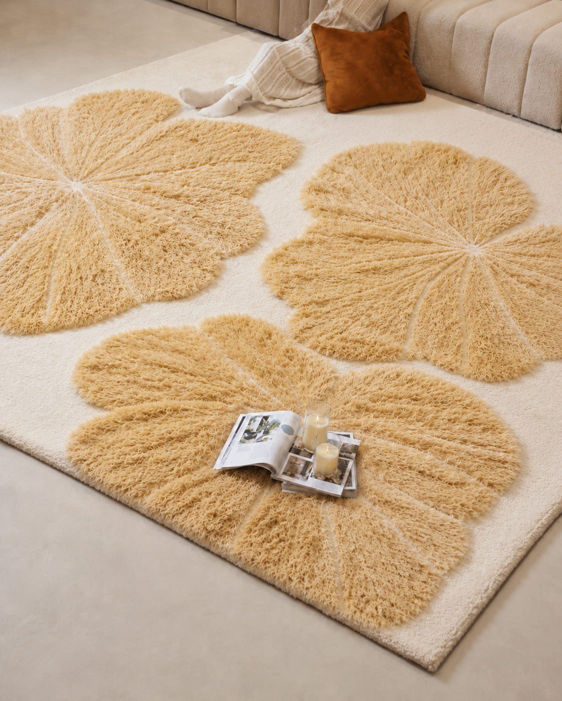 Hewn Earth Studio Lily rug with handwoven design featuring soft, neutral tones and intricate patterns on a textured fabric surface.