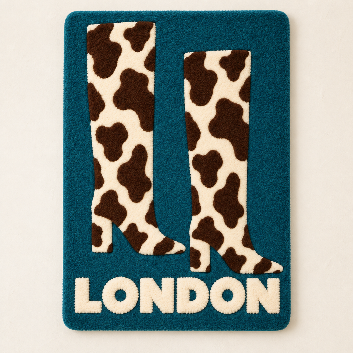 Hewn Earth London Boots wall art featuring detailed cowhide design on a natural background.