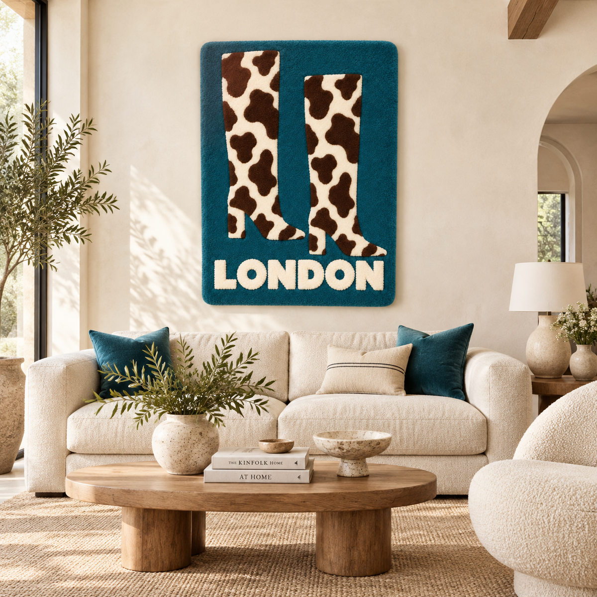 Hewn Earth London Boots wall art featuring realistic cowhide pattern and detailed leather boot illustration.