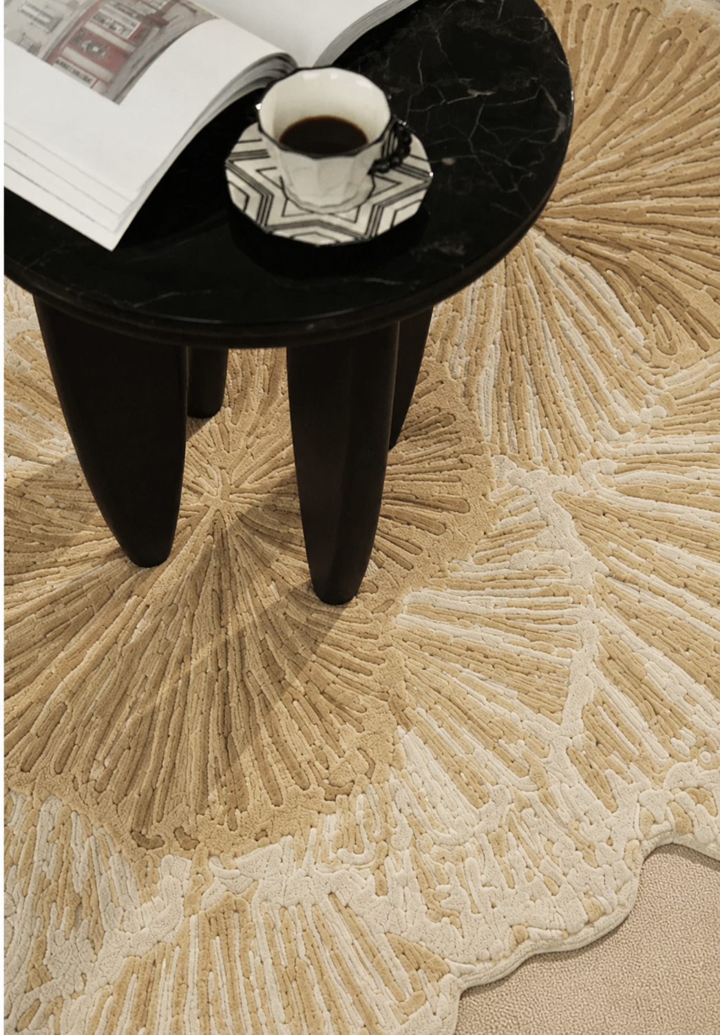 Hewn Earth Studio gold lotus rug featuring an intricate hand-stitched lotus flower design on a textured fabric background