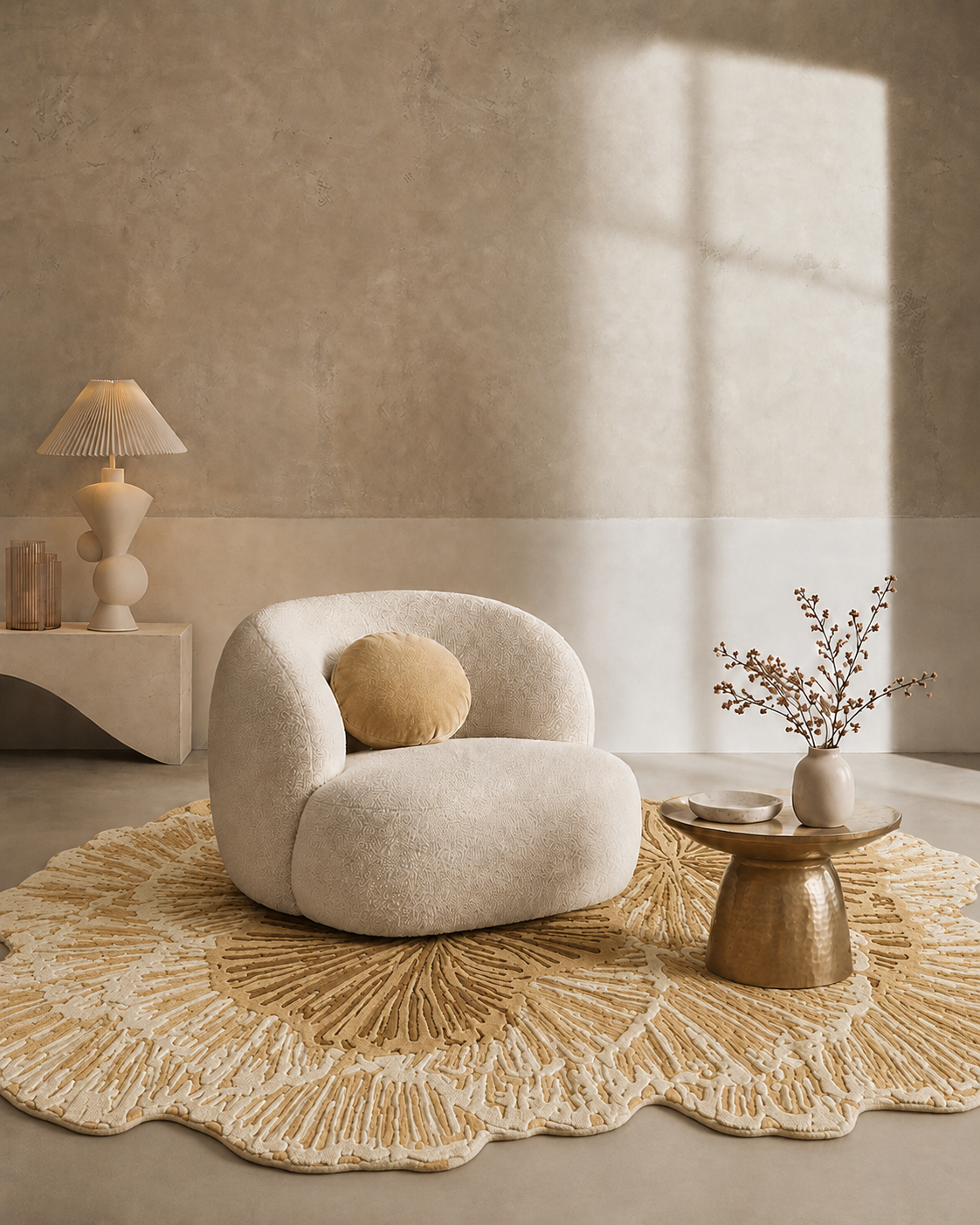 Gold Lotus rug by Hewn Earth Studio featuring intricate lotus flower design on a soft, textured textile surface.
