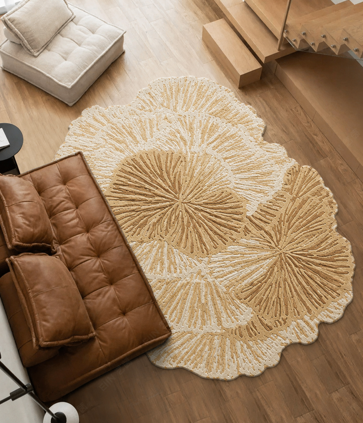 Gold Lotus rug by Hewn Earth Studio featuring a detailed lotus flower design on a cozy room floor.