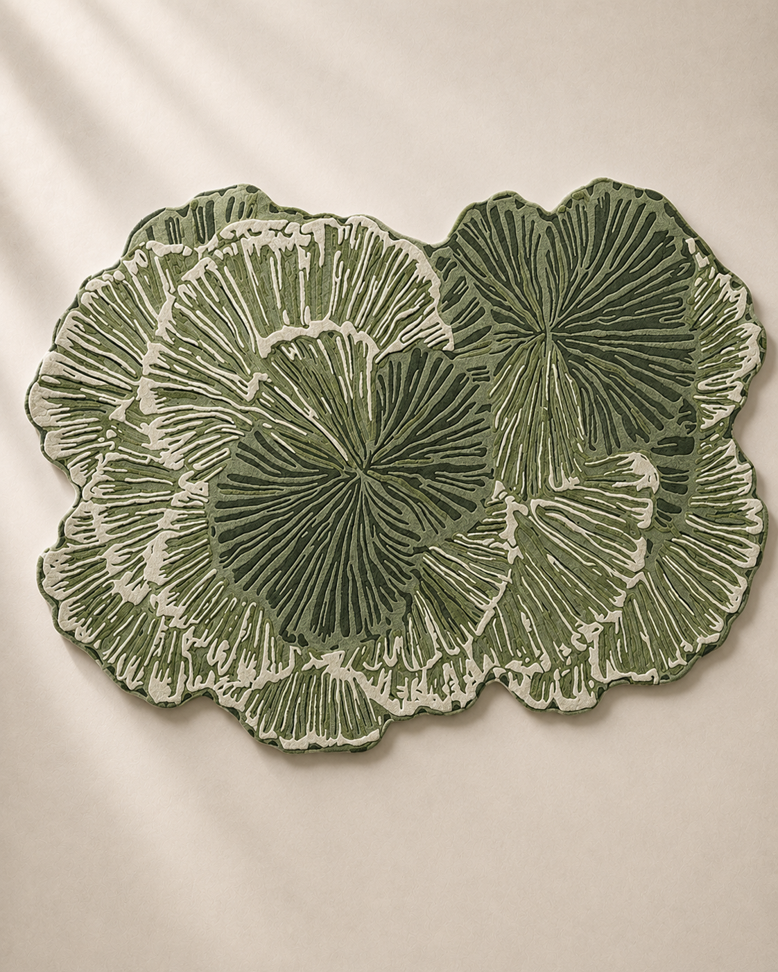 Hewn Earth Studio Lotus rug with intricate floral pattern in soft, neutral tones, showcasing detailed woven textile design.