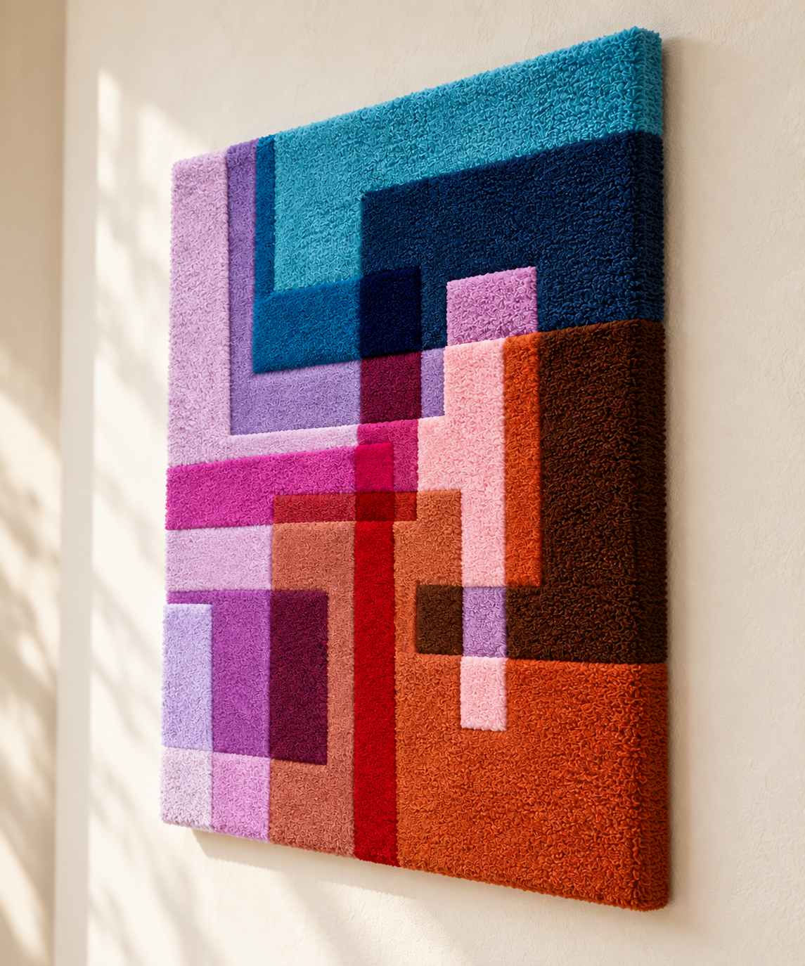 Magenta and cobalt wall art featuring geometric step intersections by Hewn Earth, displayed from an angled view.