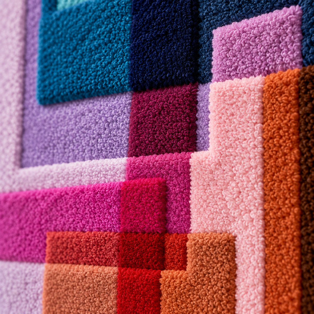 Hewn Earth Magenta Cobalt Step Intersections wall art with vibrant geometric patterns and layered textures.