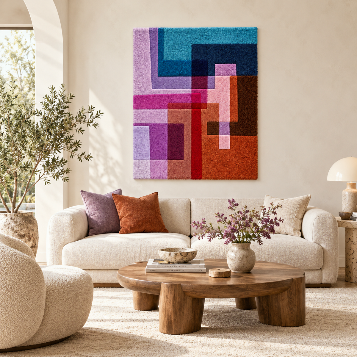 Hewn Earth Magenta Cobalt Step Intersections wall art featuring geometric shapes and vibrant magenta and cobalt colors.