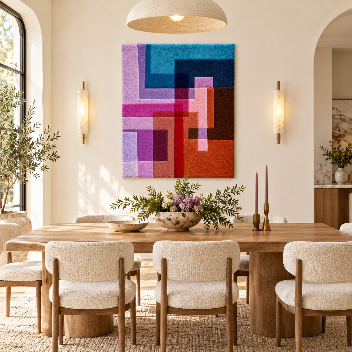 Hewn Earth magenta and cobalt wall art titled "Step Intersections" featuring abstract geometric shapes for modern interior decor.