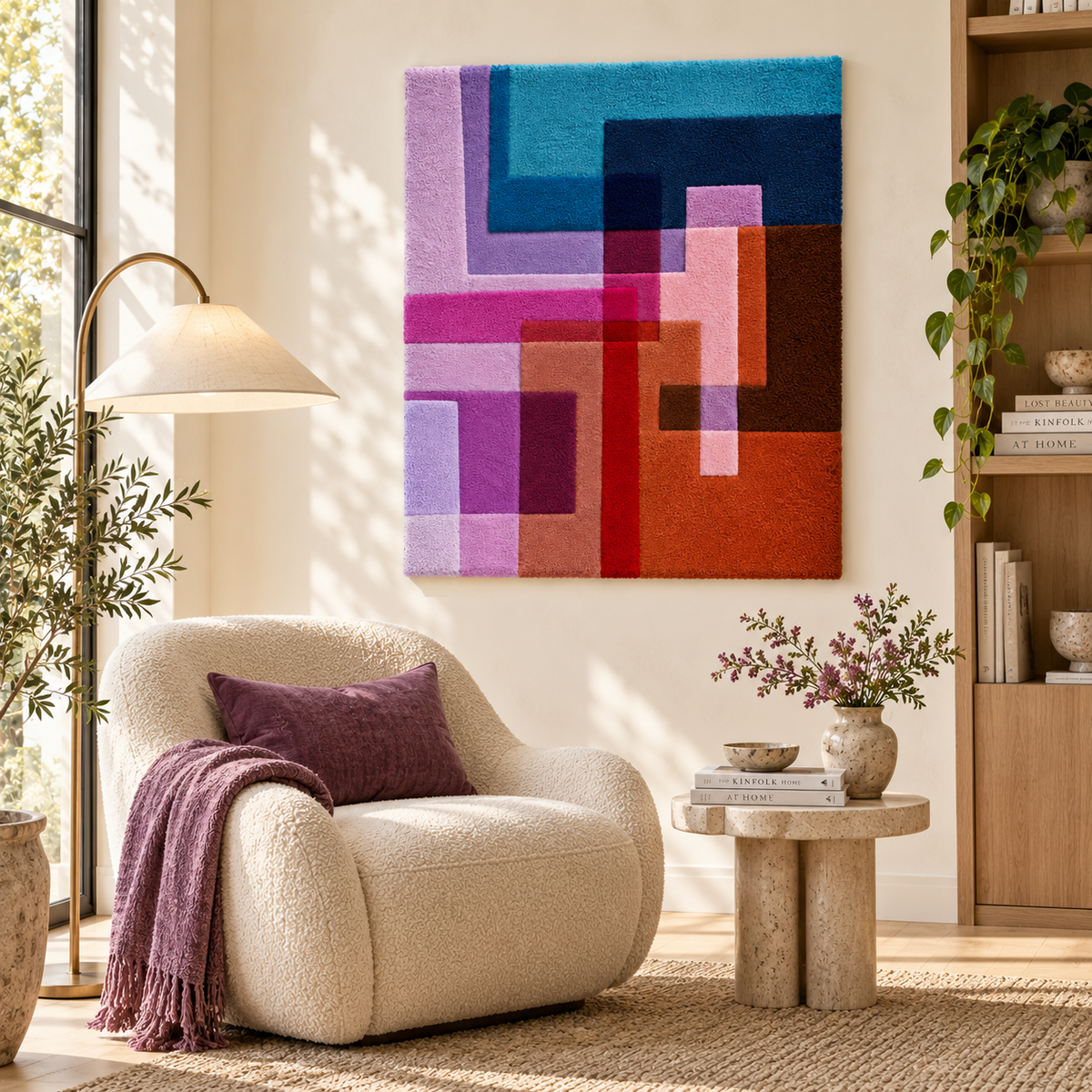 Hewn Earth Magenta Cobalt Step Intersections wall art with abstract geometric design on a neutral wall.