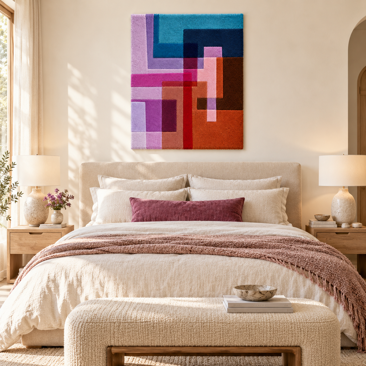 Hewn Earth Magenta Cobalt Step Intersections wall art featuring geometric shapes and vibrant magenta and cobalt colors.