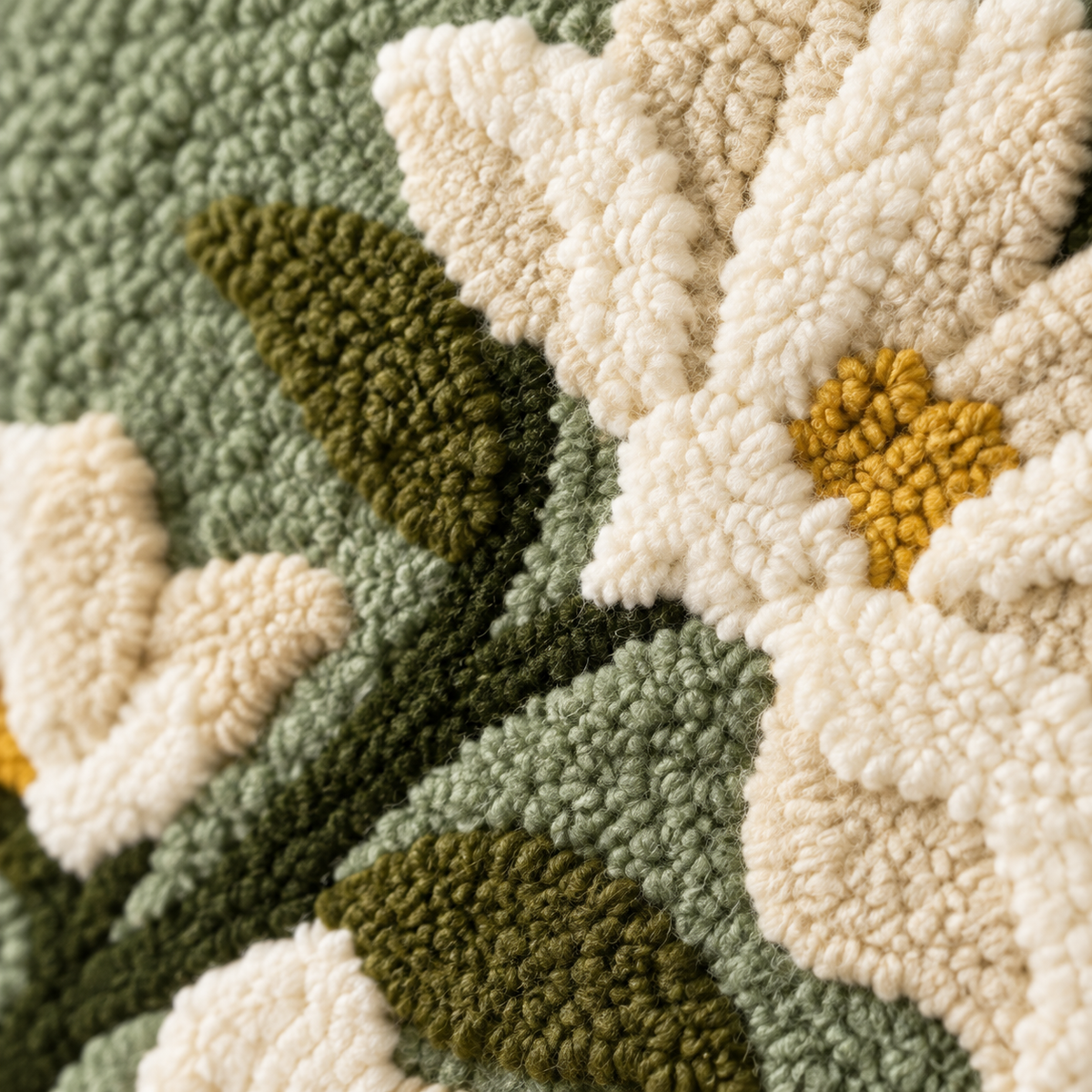 Magnolia Branch on Sage — tufted wool texture detail
