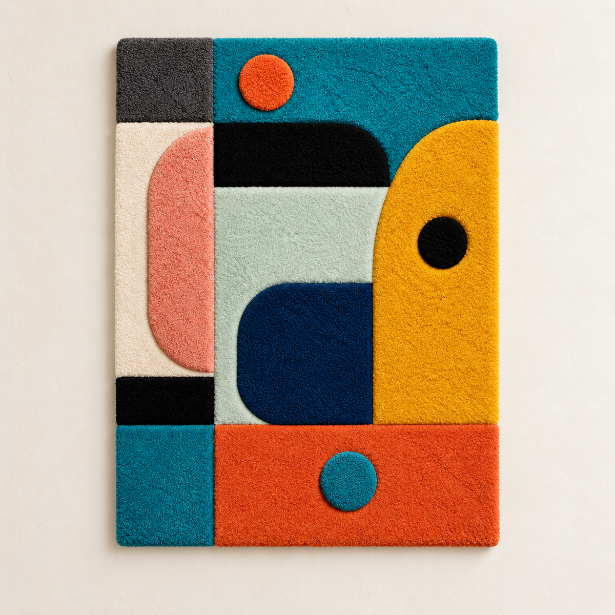 Hewn Earth wall art featuring a marigold and teal rounded assembly with vibrant, circular design for modern home decor.