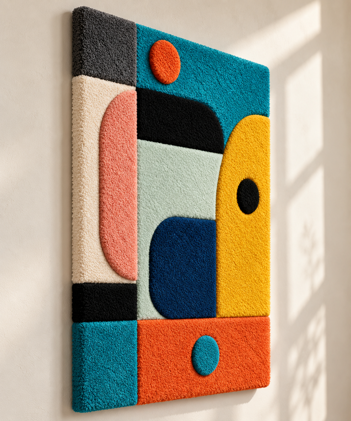 Hewn Earth marigold and teal rounded wall art assembly with layered geometric shapes, displayed from an angled view.
