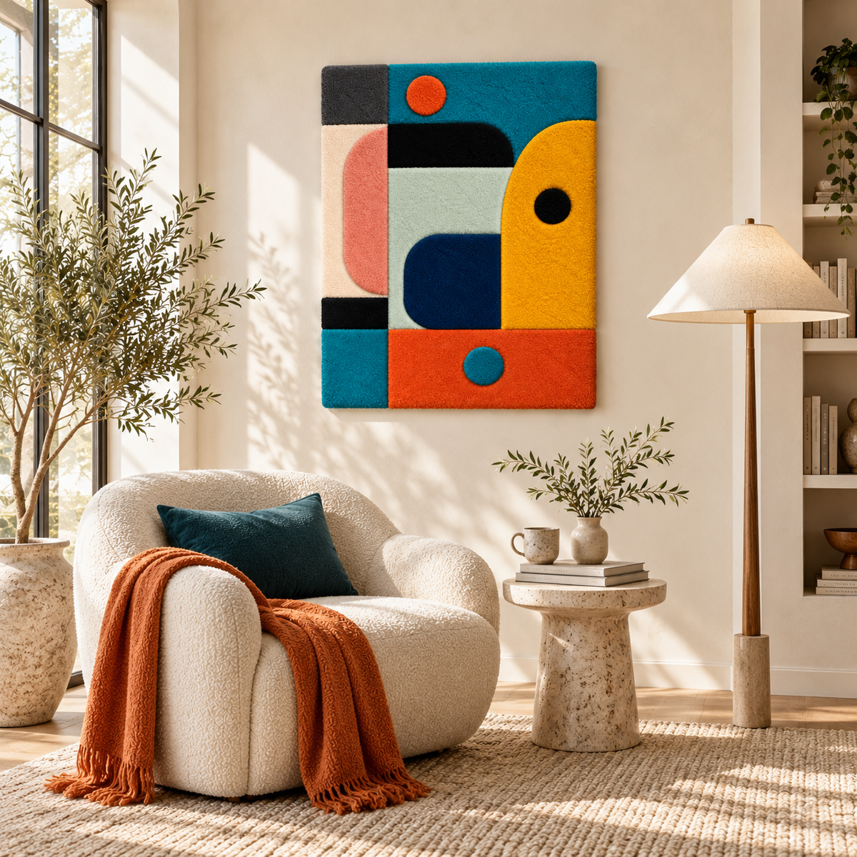 Hewn Earth marigold and teal rounded wall art assembly hanging on a room wall with vibrant colors and circular design.