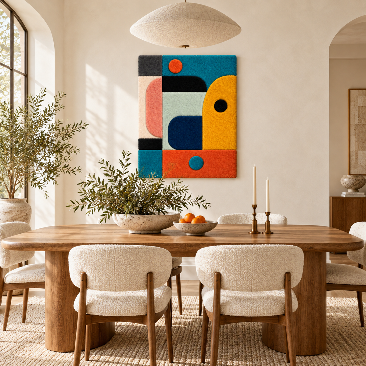 Hewn Earth wall art featuring a marigold and teal rounded assembly with vibrant, abstract design for modern home decor.