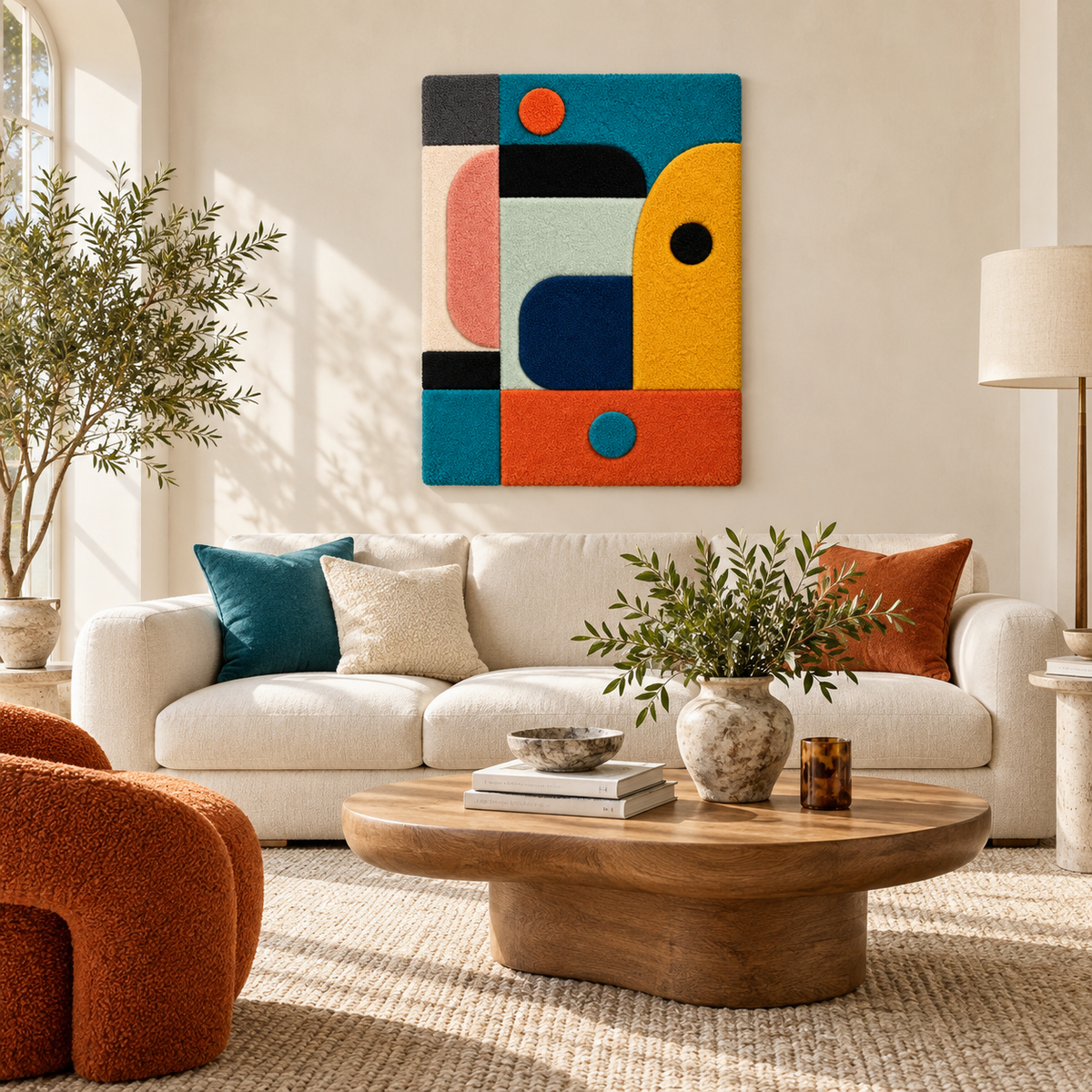 Hewn Earth marigold and teal rounded wall art assembly, vibrant geometric design on a neutral room background.