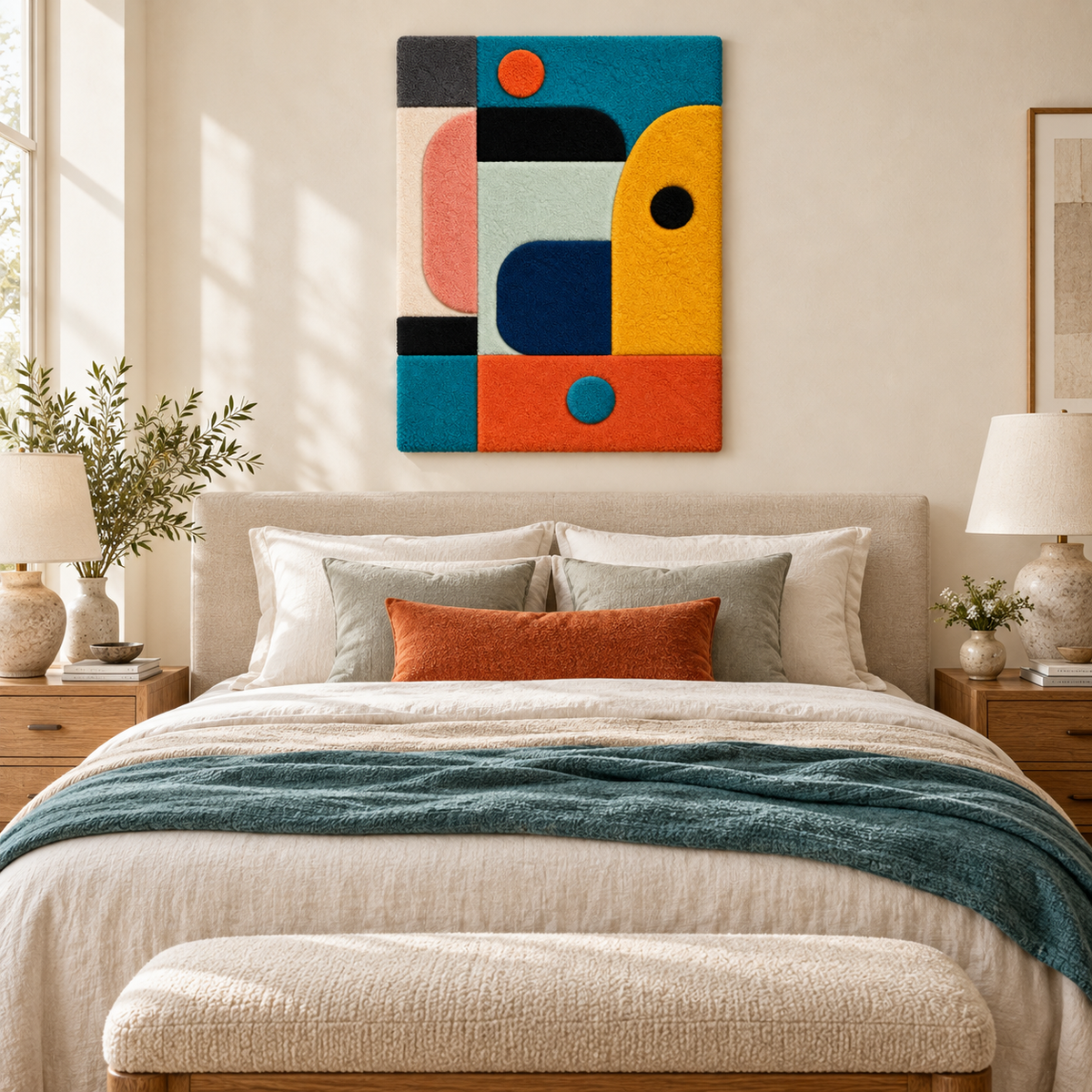 Hewn Earth wall art featuring a marigold and teal rounded assembly with abstract geometric design on a room wall.