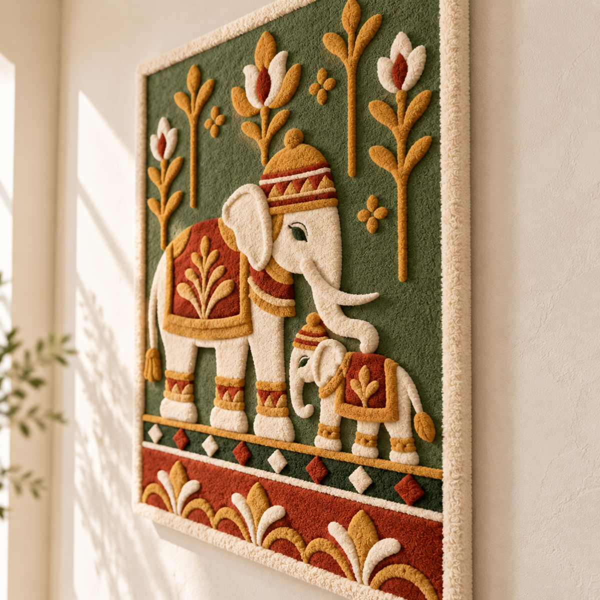 Hewn Earth wall art featuring a pair of marigold-colored elephants with an angled view, vibrant and decorative wall decor.