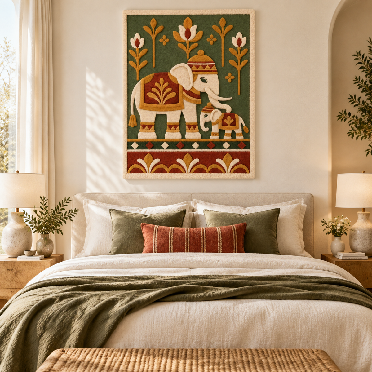 Pair of Marigold elephant wall art by Hewn Earth hanging in a room, featuring vibrant yellow and orange tones on a neutral wall.