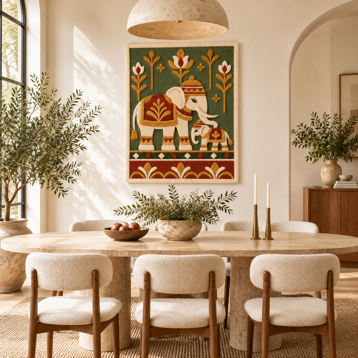 Pair of Hewn Earth Marigold Elephant wall art pieces hanging on a room wall, colorful and decorative home decor.